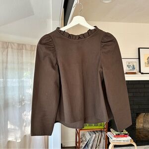 Atlantique Ascoli Brown Pin Stripe Ruffle Blouse